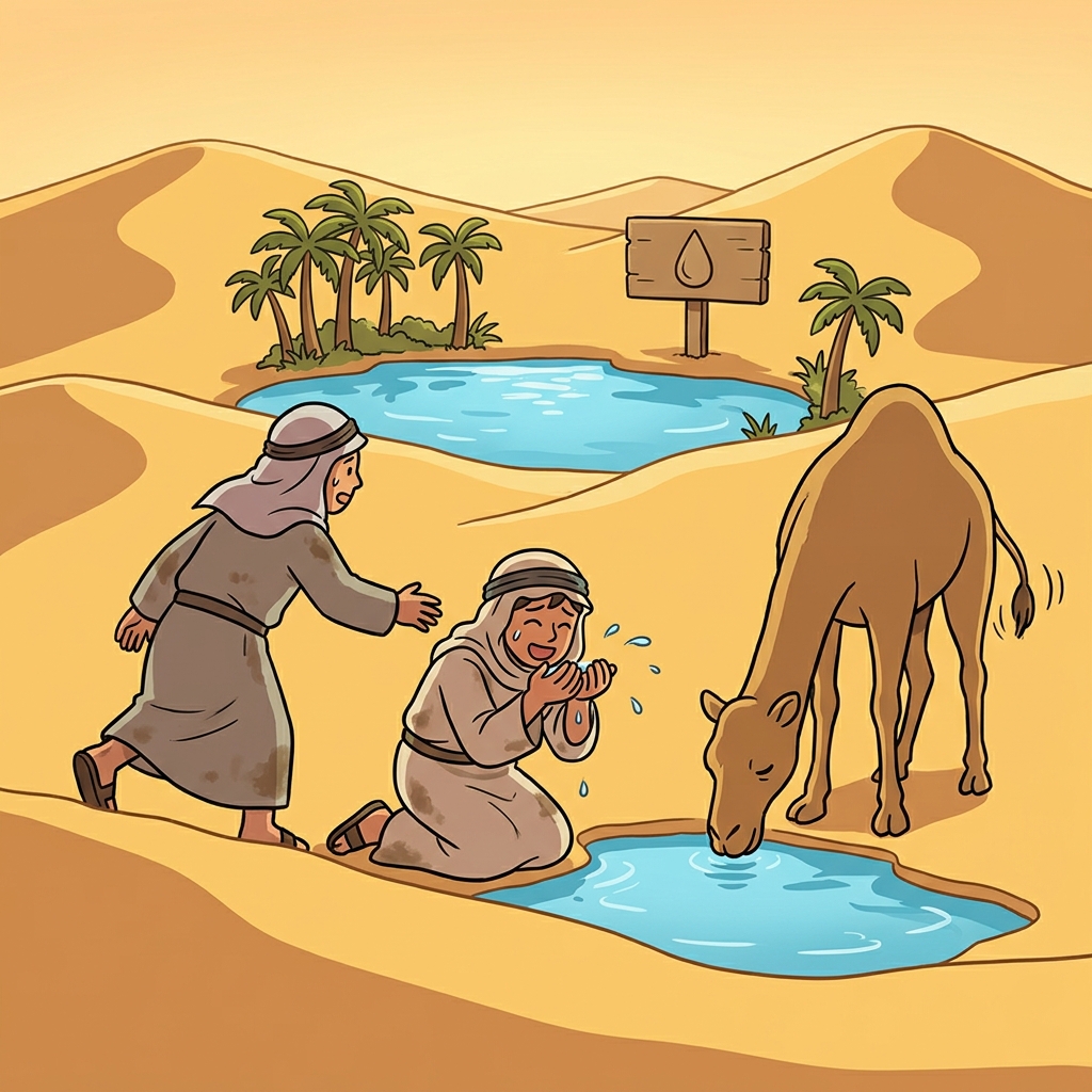 After days lost in the desert, they finally found potable water at the oasis.