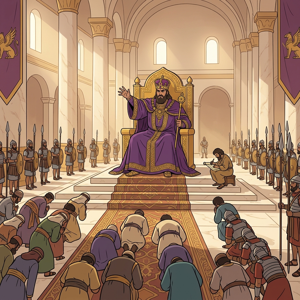 The ancient potentate rules his kingdom from a towering golden throne.