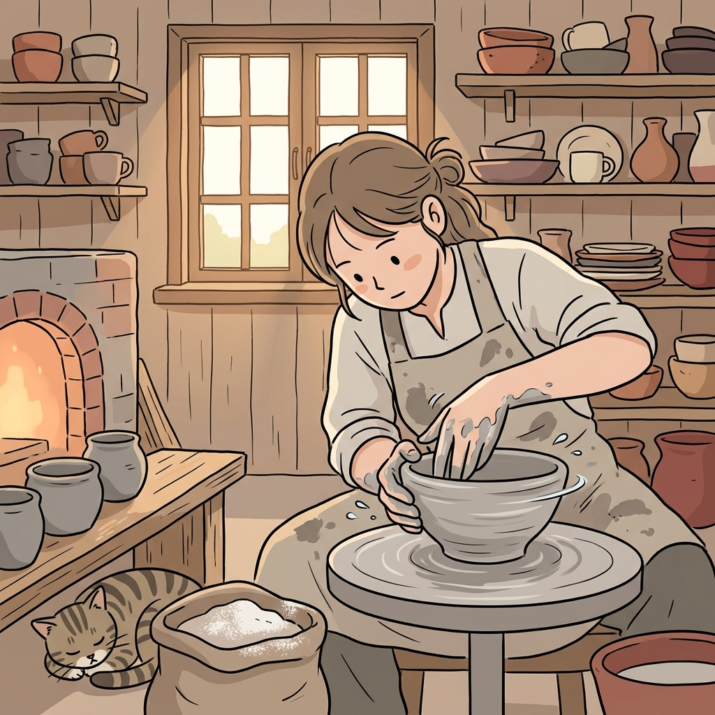 The artisan shapes wet clay into a bowl on her spinning pottery wheel.