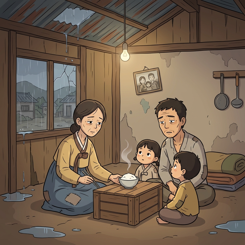 Families in poverty share one bowl of rice under a leaking tin roof.