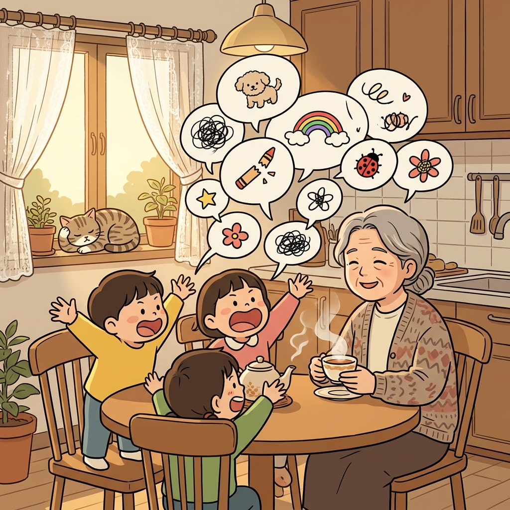 아이들이 하루 있었던 일을 쉴 새 없이 재잘거리고 할머니는 미소 짓는다.