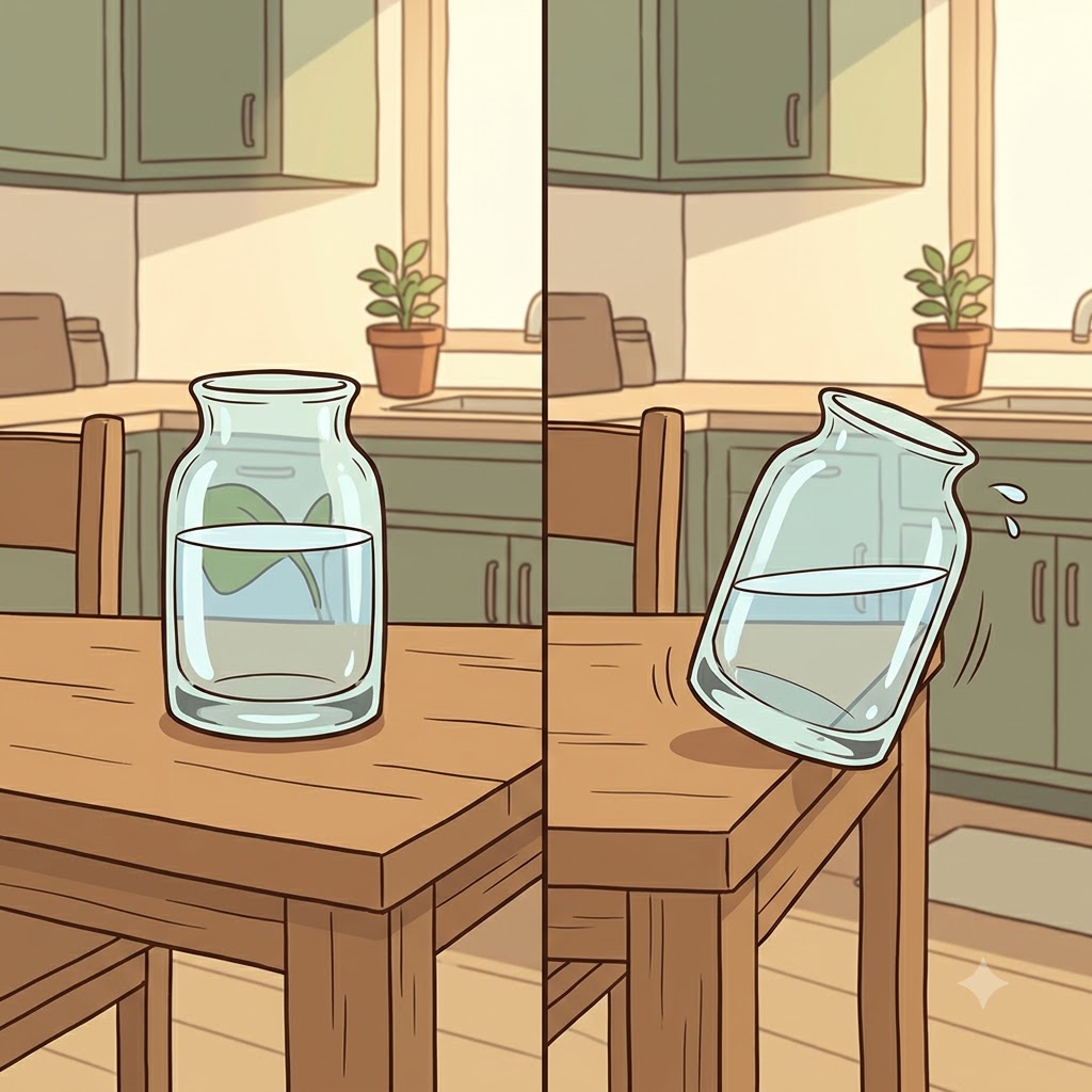 Placing the heavy glass vase on the very edge of the table put it in a highly precarious position.