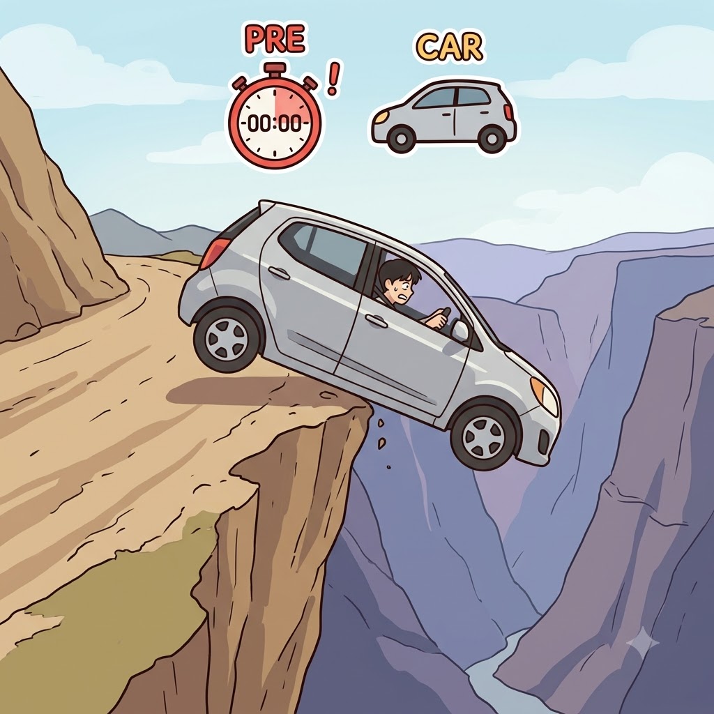 PRE(before) + CAR(car) + IOUS(state) — the heavy CAR dangling on the cliff edge PRE(before) falling was in a completely precarious situation.