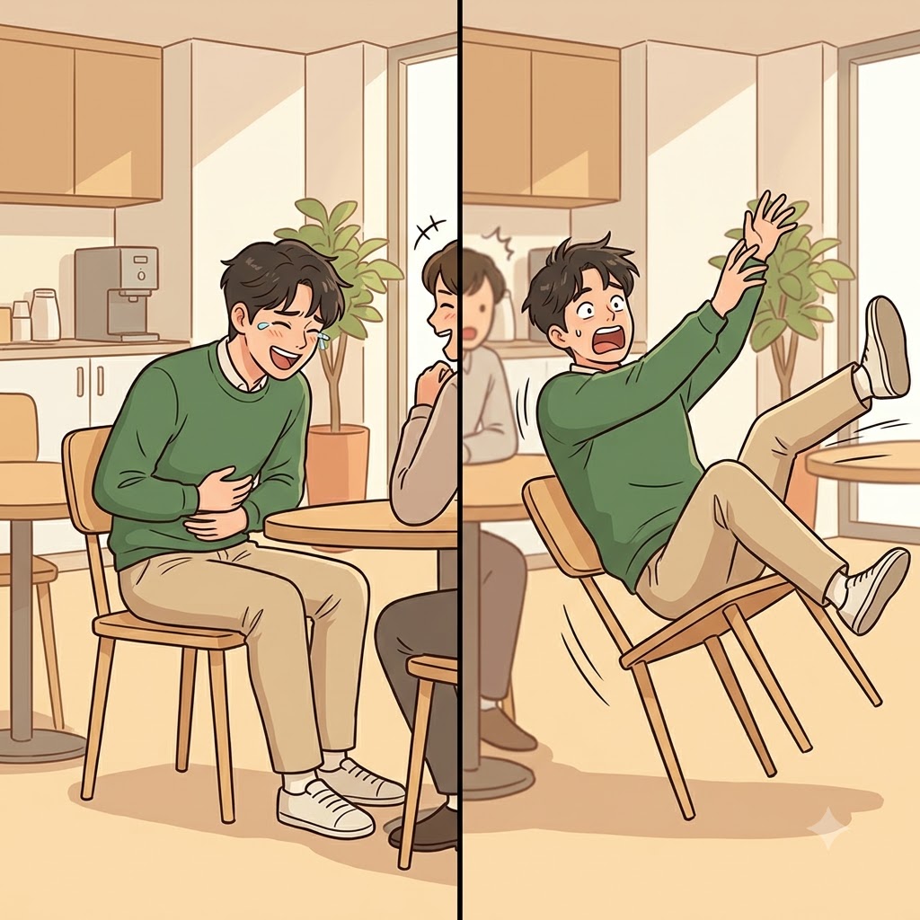 Laughing wildly at the hilarious joke, the man leaned back and found himself in a precarious balance on two chair legs.