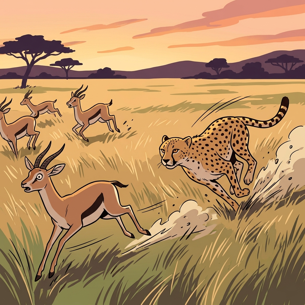 A cheetah bursts from the grass, chasing a gazelle across the golden savanna — a true predator in action.