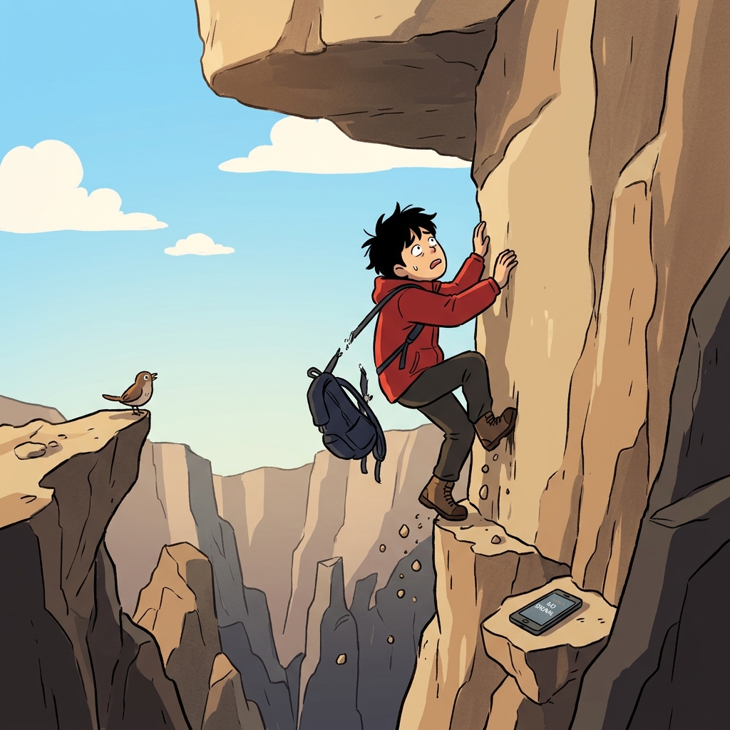 Stuck in a real predicament, he clings to the cliff with no way up or down.