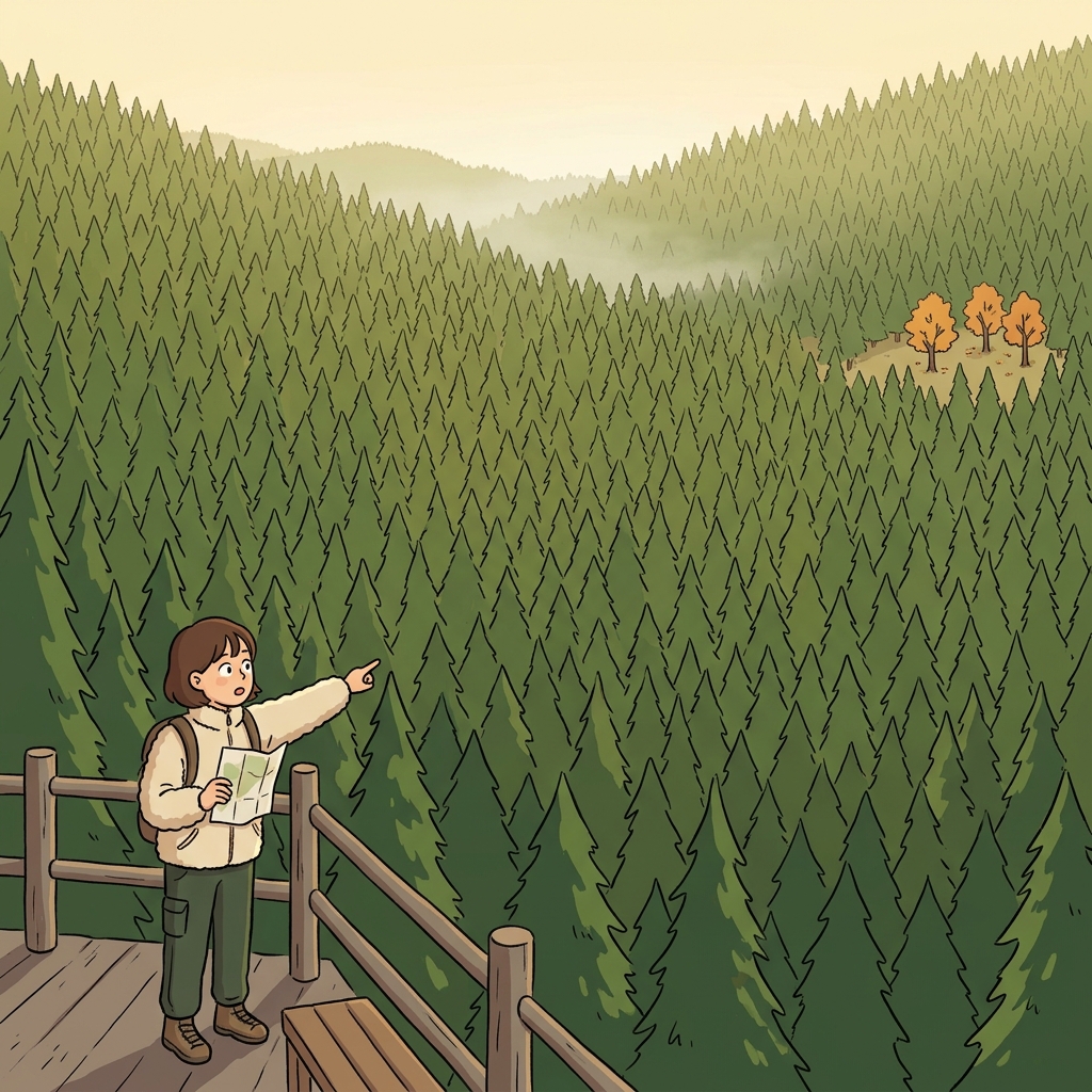 The forest is predominantly pine, with just a few oaks scattered near the edge.