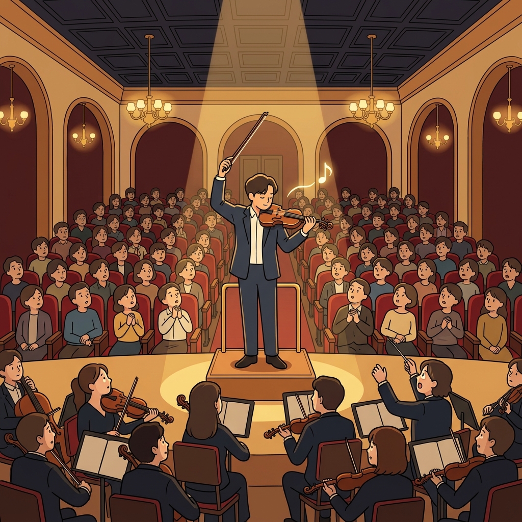 The preeminent violinist takes the spotlight while the whole orchestra watches in awe.