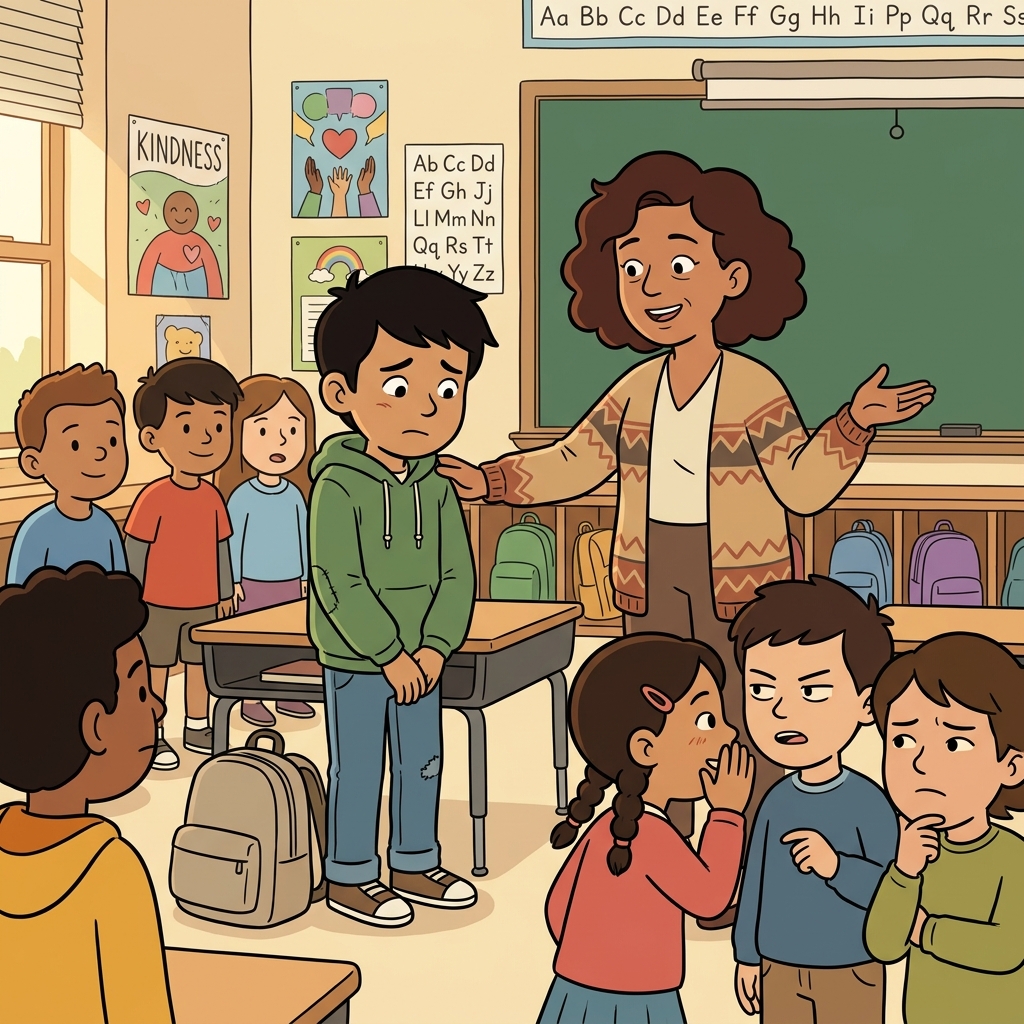The teacher asked the students not to show prejudice by judging the new boy by his clothes.