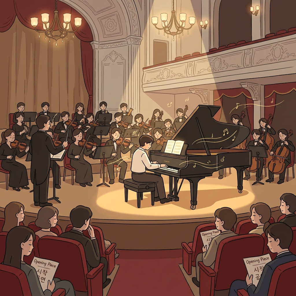 The soft piano prelude quiets the audience before the main symphony begins.