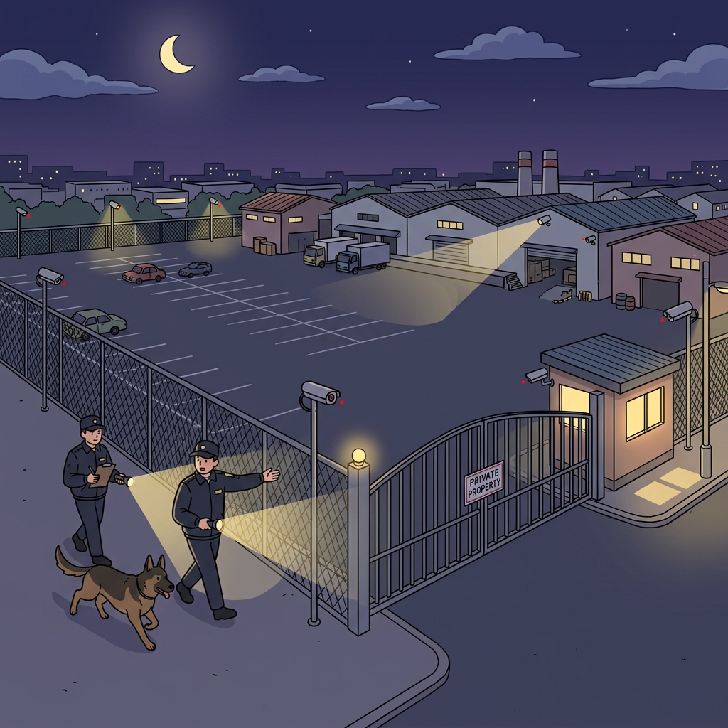 Security guards patrol the factory premises after hours to keep intruders out.