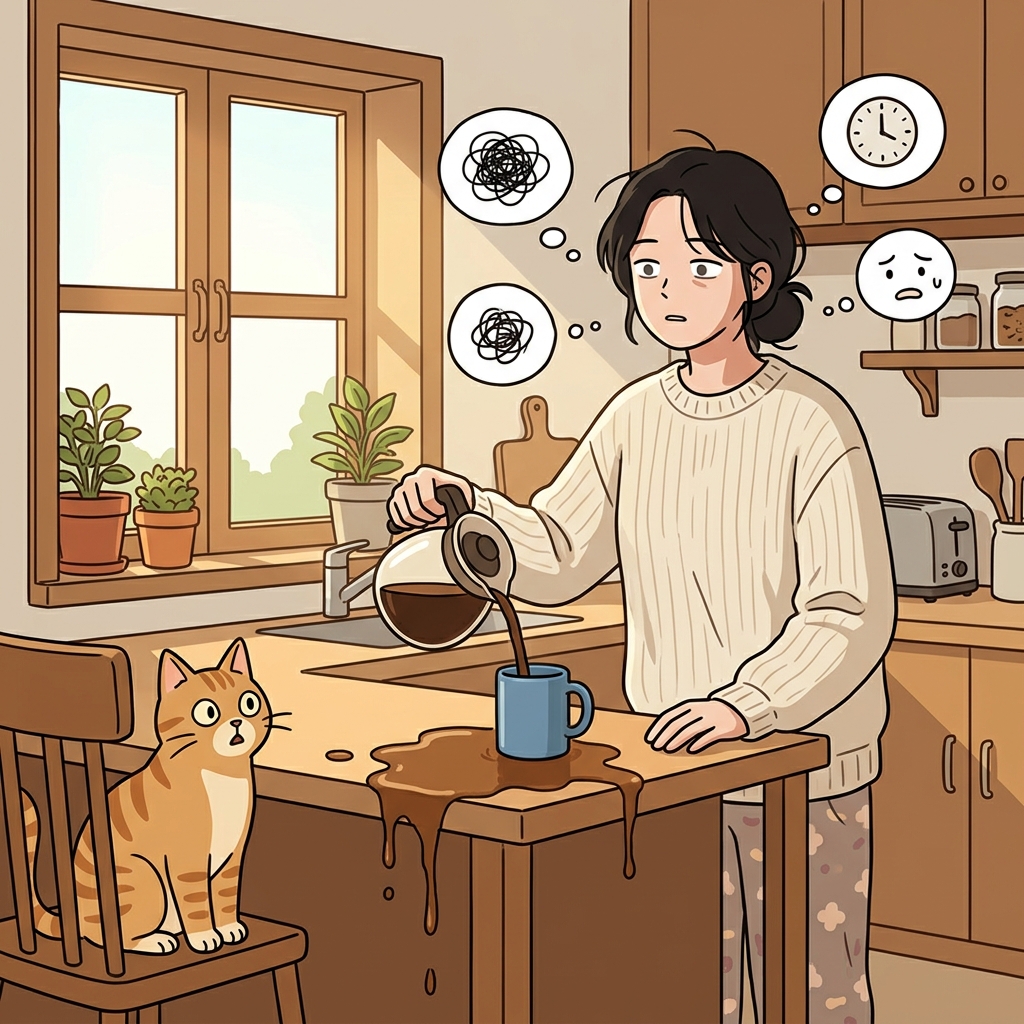생각에 너무 빠져서 커피를 테이블에 그대로 부어버렸다.