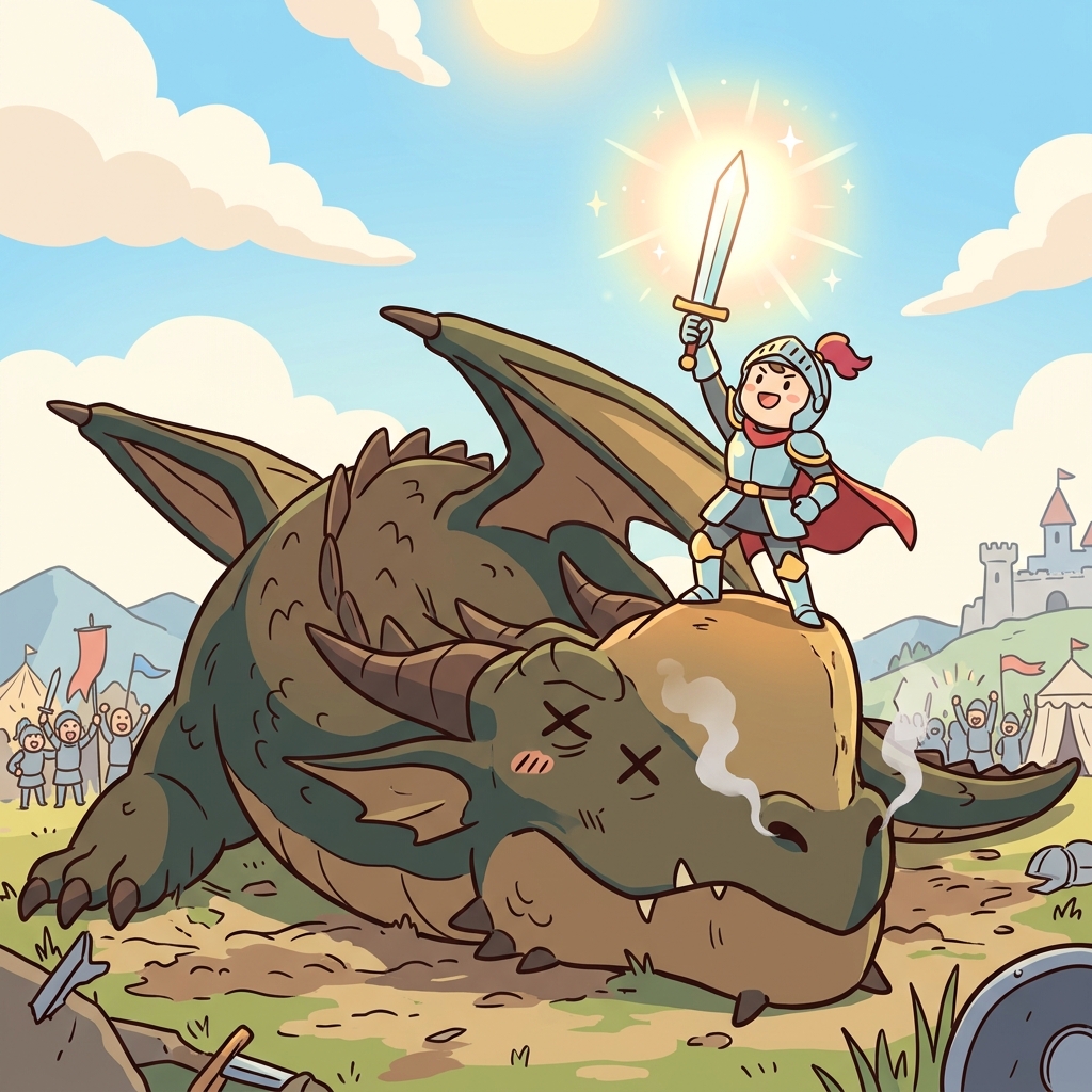 The tiny knight stood on the fallen dragon, proving that courage can prevail.