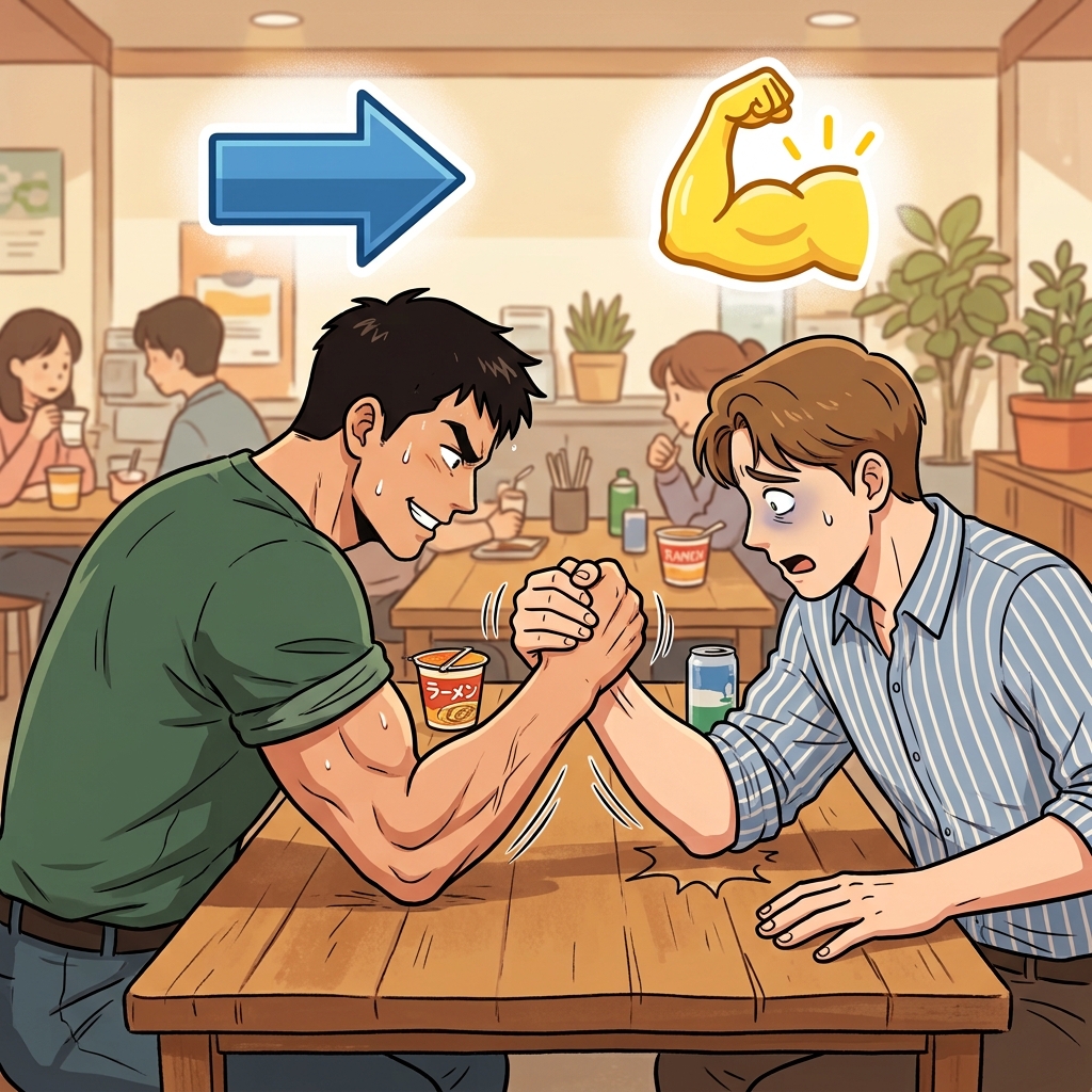 PRE(forward) + VAIL(strength) — to prevail is to push your strength forward and win the arm-wrestling match.