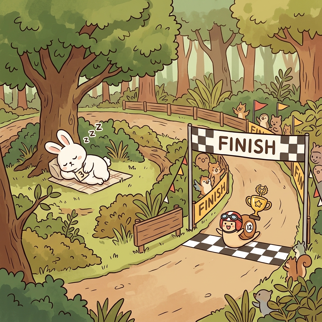 While the tired rabbit slept, the slow snail crossed the finish line to prevail.