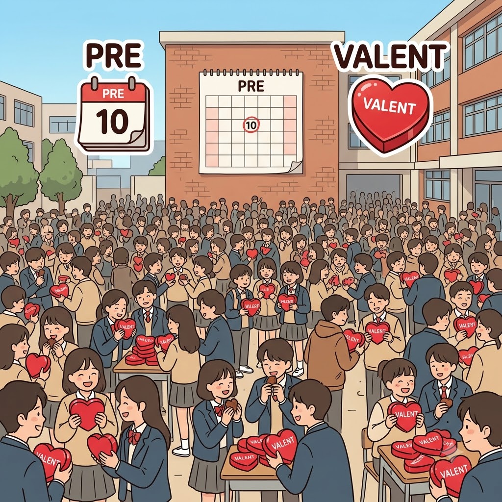 PRE(before) + VALENT(Valentine) — giving Valentine gifts BEFORE the actual day became a prevalent trend in the school.
