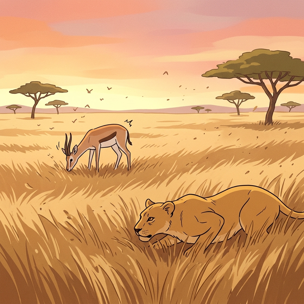 A lioness stalks her prey across the golden savanna at sunset.