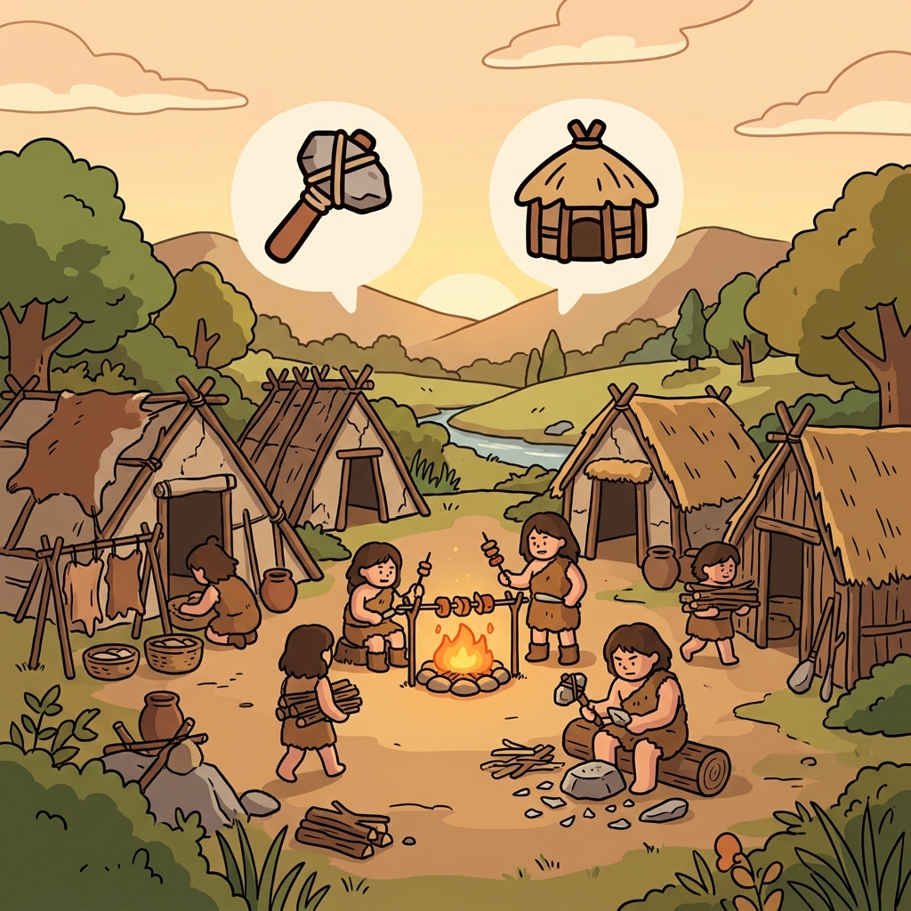 Primitive shelters offered only the most basic protection from nature. (🪨 Stone Age + 🛖 Simple Life → Primitive)