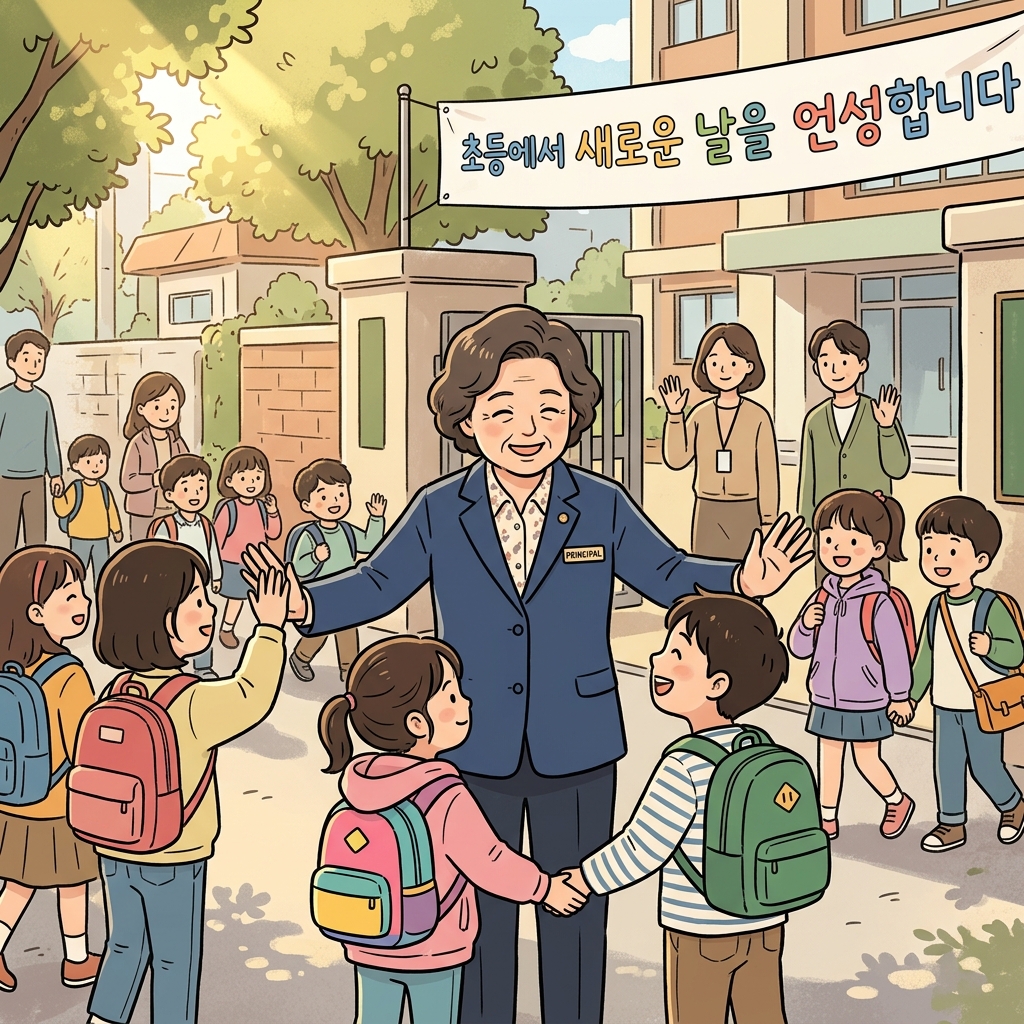 The principal greets students at the school gate every morning with a warm smile.