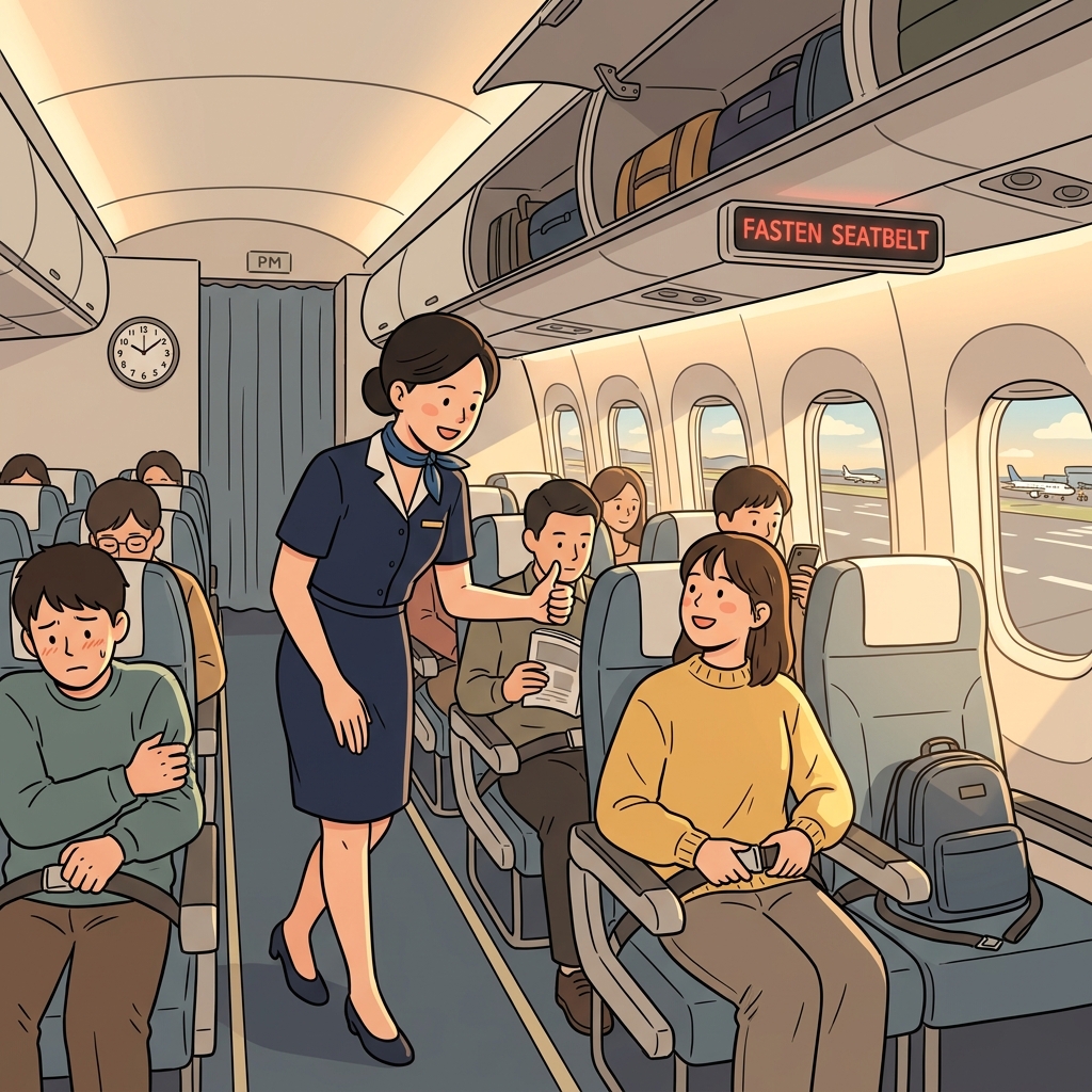 Prior to takeoff, the flight attendant checks every seatbelt one more time.