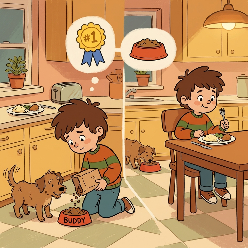 The boy made feeding his dog his priority and ate dinner afterward. (PRIOR = BEFORE → a priority comes before everything else)