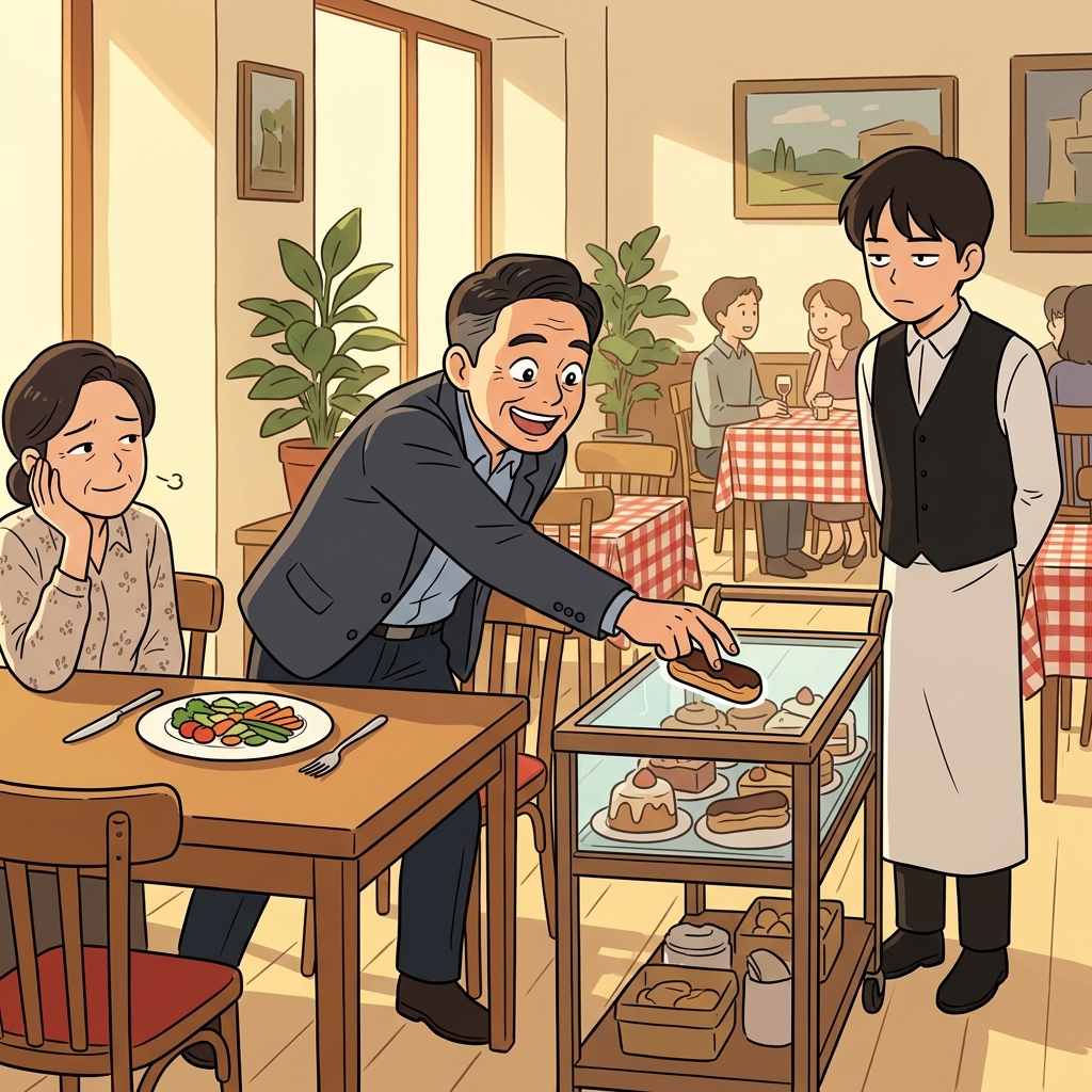 그는 디저트만 보면 눈이 반짝인다.