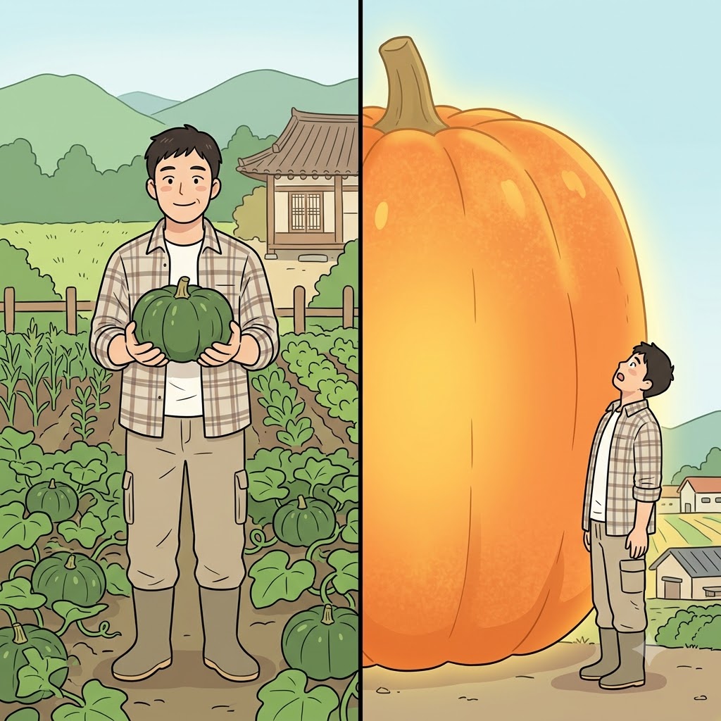 평범한 채소들 옆에서, 농부의 엄청난(prodigious) 호박은 거대한 산처럼 보였다.