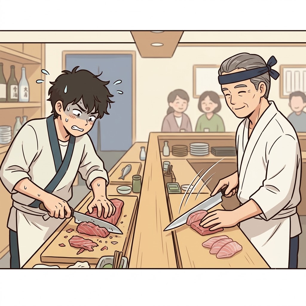 By using a lightning-fast and highly efficient cutting technique, the sushi chef proved he was incredibly proficient.