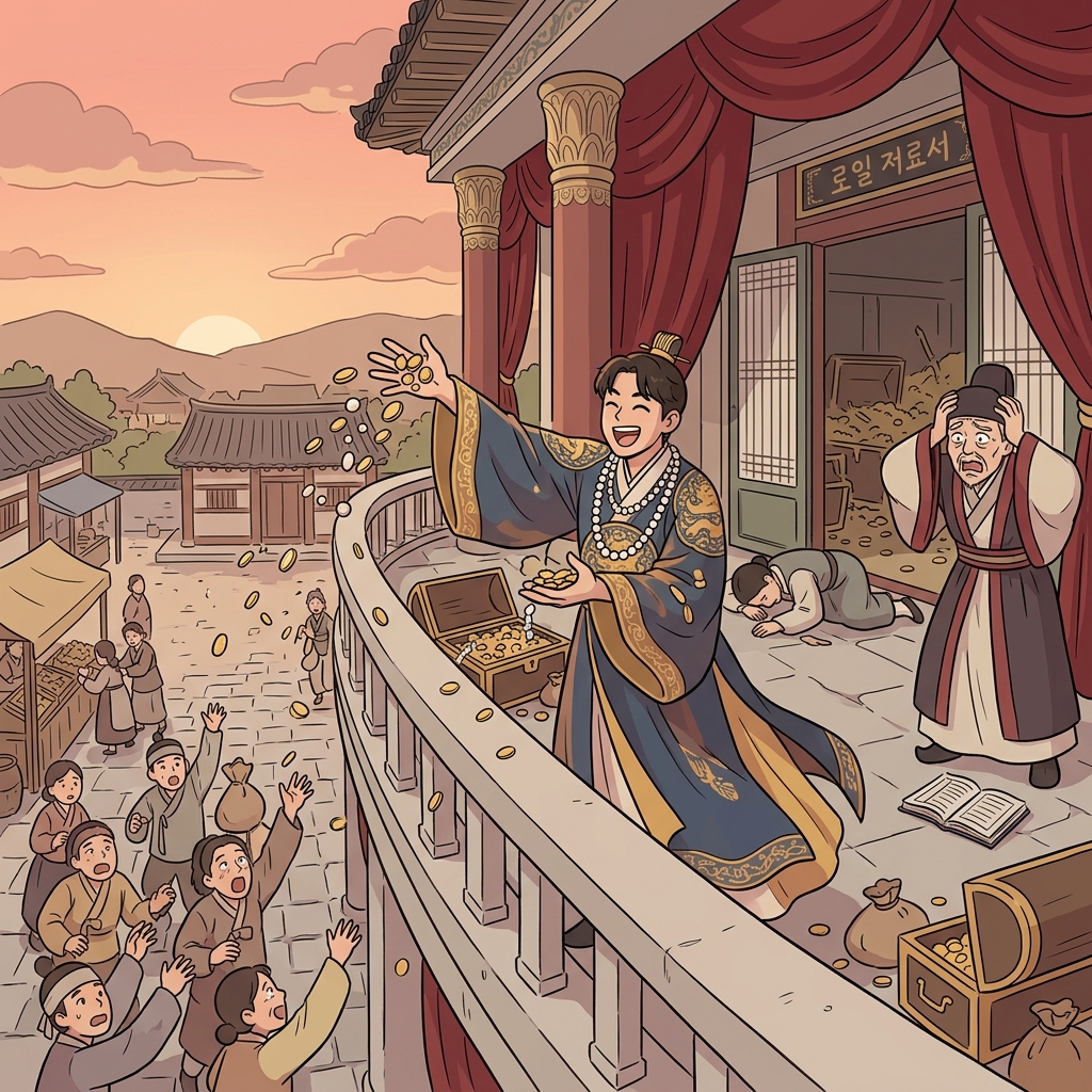 The profligate prince throws gold coins from his balcony like confetti.