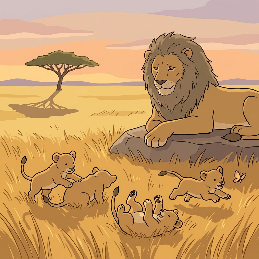 The old lion proudly watches his progeny play in the savanna grass.