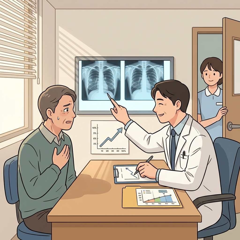 The doctor gives a hopeful prognosis after reviewing the patient's scans.