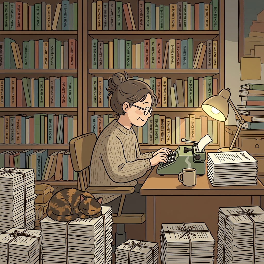 This prolific novelist finishes another book while shelves overflow with her past works.