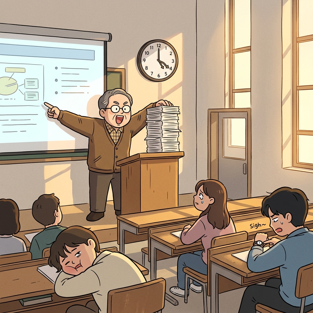 The professor tries to prolong the lecture as students stare at the clock.