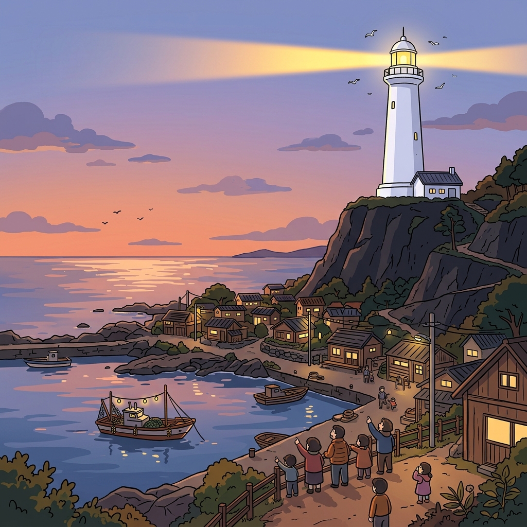 The lighthouse stands in prominence above the fishing village at dusk.