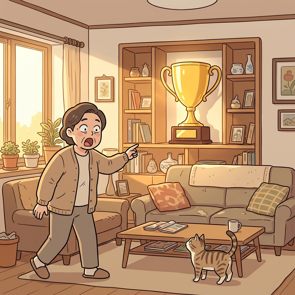The championship trophy sits prominently on the shelf, catching every visitor's eye.