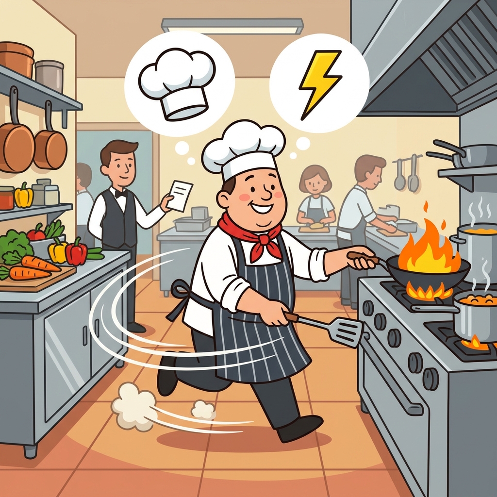 The chef gave a prompt reply and started cooking immediately. (PRO + MPT (MOVE PROMPTLY TODAY!) → a pro moves right away)