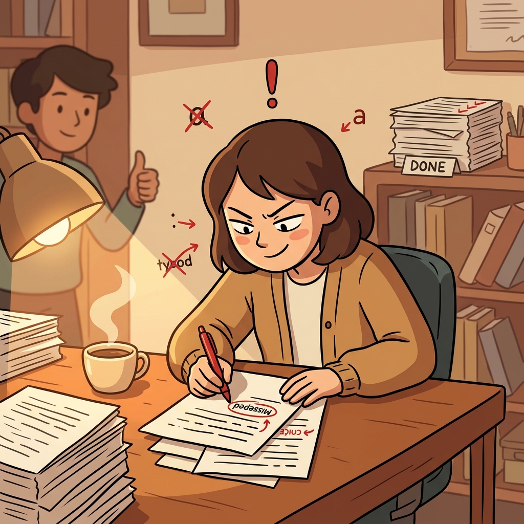She carefully proofread the manuscript, catching every typo before printing.