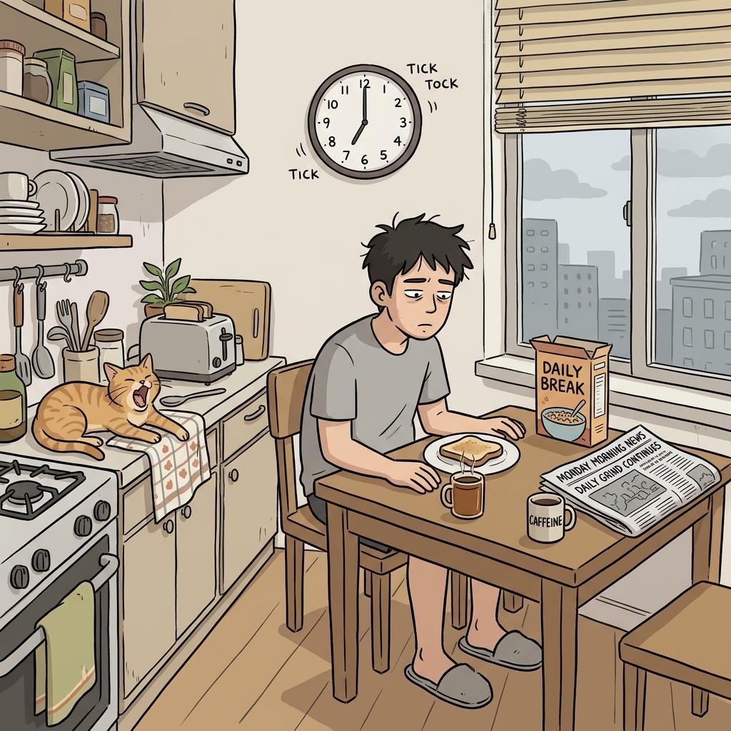 His prosaic Monday routine feels endlessly repetitive and dull.