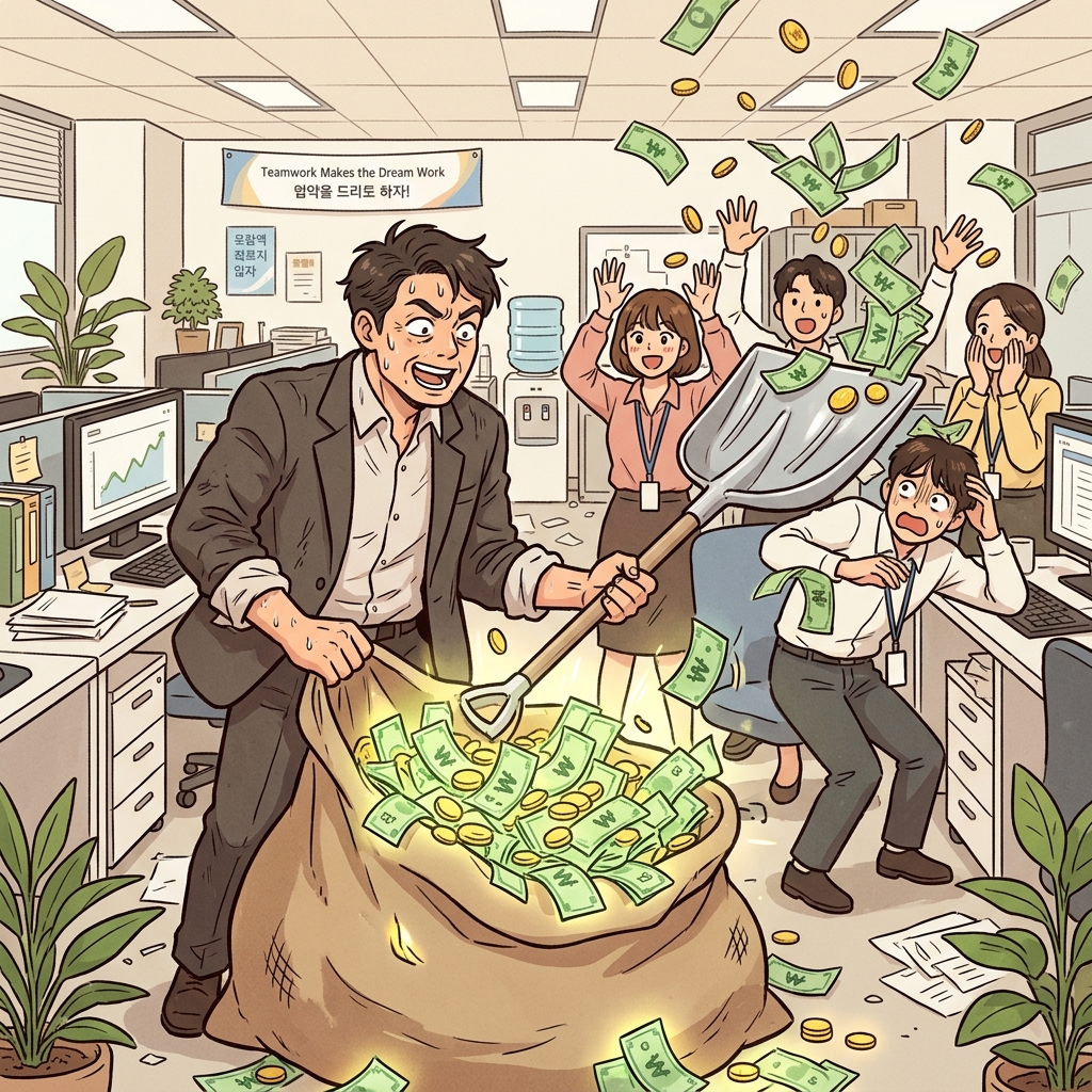"돈 자루를 팍 풀어서(pros) 맘껏 퍼 쓰라(per-ous)!"라고 소리치며, 미친 사장님은 직원들에게 빛나는 현금을 거칠게 삽으로 퍼부으며 자신이 완벽하게 번창하는(prosperous) 상태임을 과시했다.