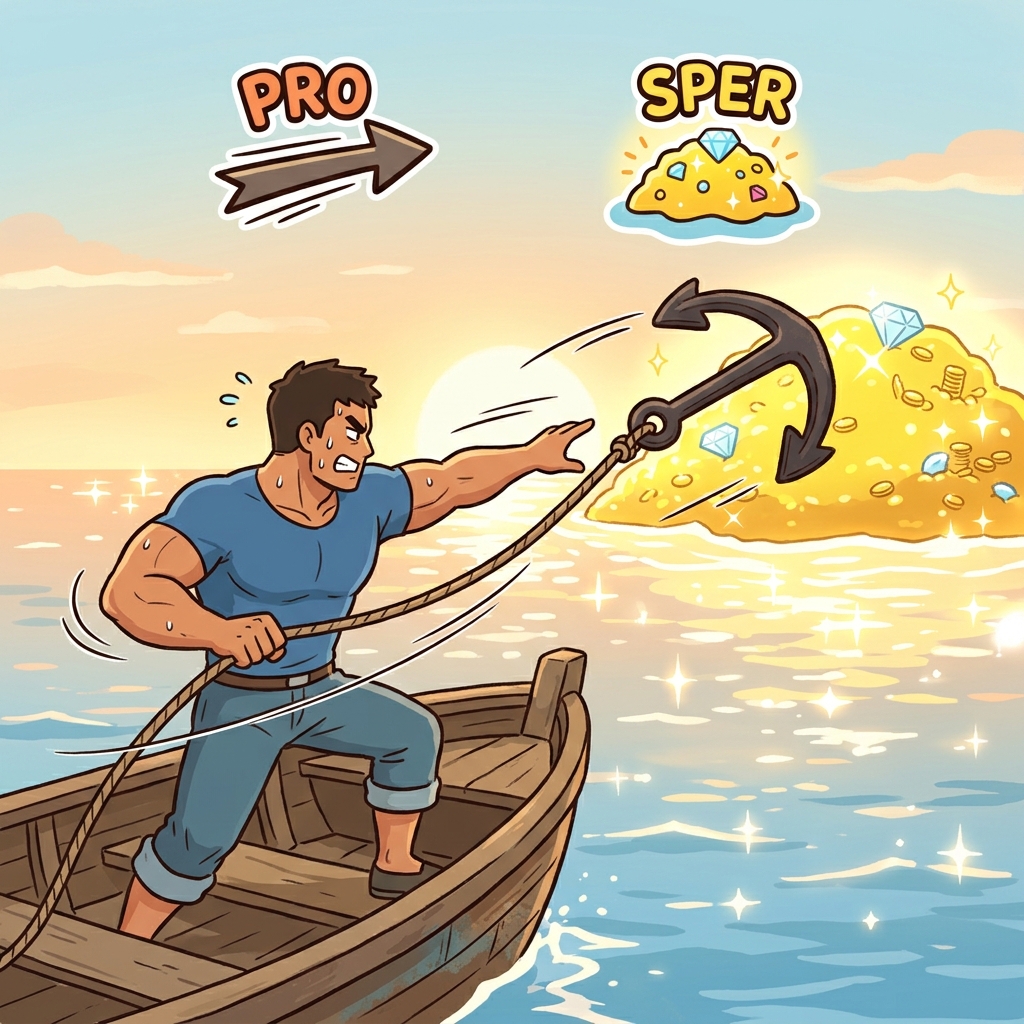 PRO(앞으로/전진) + SPER(희망/성공) + OUS(~로 가득 찬) — 번영하는(prosperous) 삶이란 성공과 부로 가득 찬 거대한 섬을 향해 무거운 닻을 앞으로(PRO) 거칠게 던져 낚아채는 것이다.
