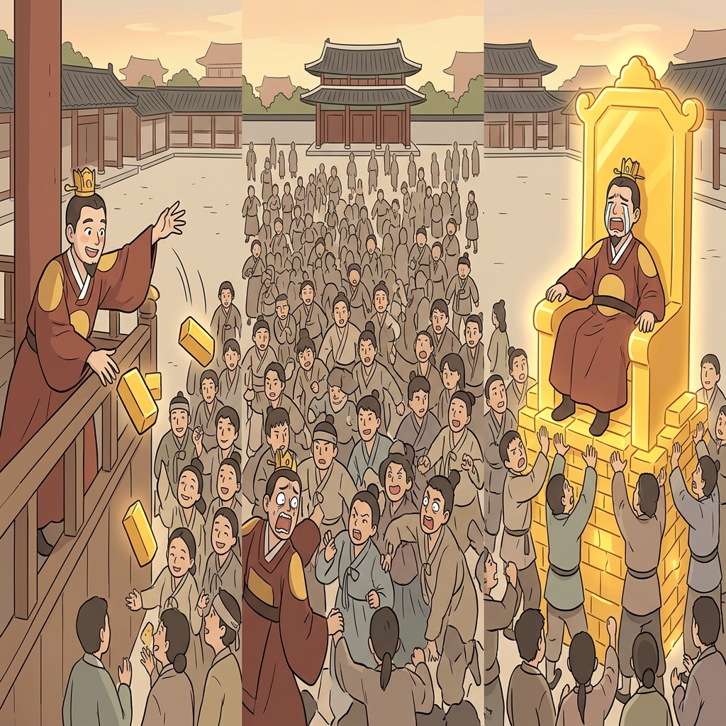 그의 금을 공격적으로 퍼주는 관대한(generous) 행동은 위험한(dangerous) 폭동을 일으켰지만, 군중은 공격하는 대신 그를 거대한 황금 옥좌 위로 거칠게 들어 올리며 그를 엄청나게 번영하게(prosperous) 만들었다.