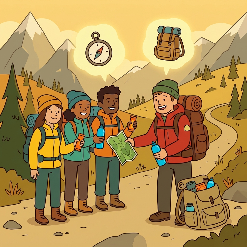 The guide provided maps, water, and snacks for the hikers. (PRO + GUIDE → a pro guide provides everything travelers need)