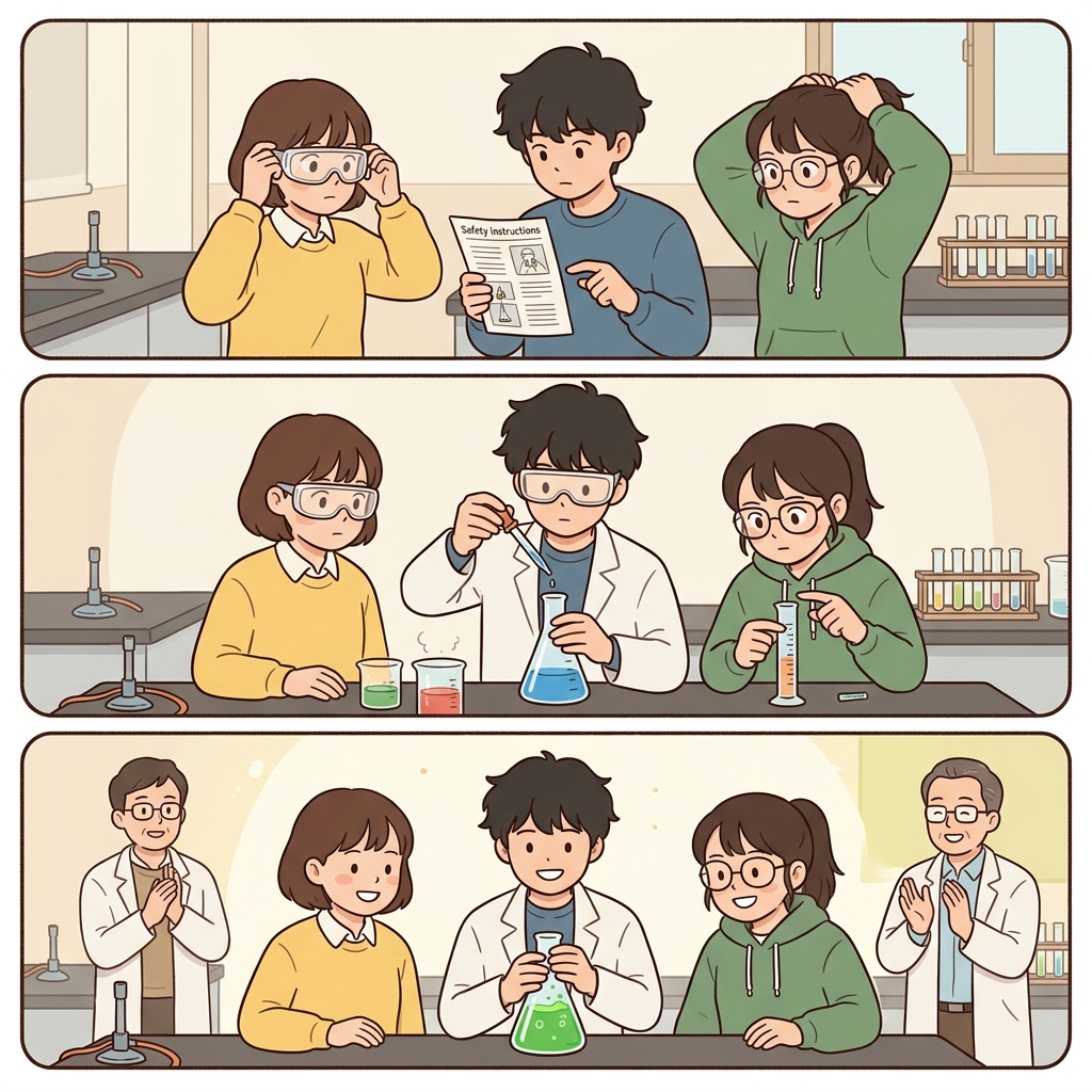 학생들은 신중하게 실험하고, 자신 있게 행동해, 성공적으로 실험을 마쳤다.