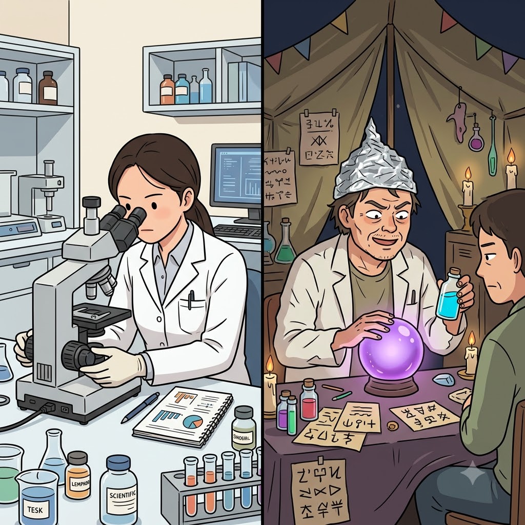 While the real scientist carefully used a microscope, the scammer rubbed a glowing crystal ball, acting as a complete pseudo scientist.