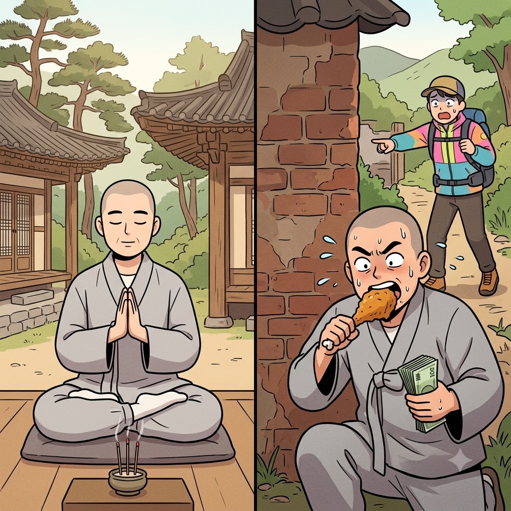 "저 수도(pseudo)승은 가짜야!" 사찰 뒤에서 몰래 프라이드치킨을 먹으며, 그는 자신이 완전히 가짜(pseudo) 승려임을 증명했다.
