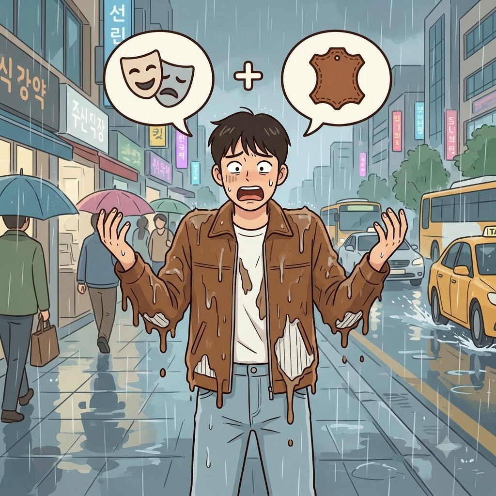 P(phony) + SEUDO(suede) — instantly melting in the rain, the expensive jacket proved to be made of phony suede, acting as a completely pseudo luxury item.