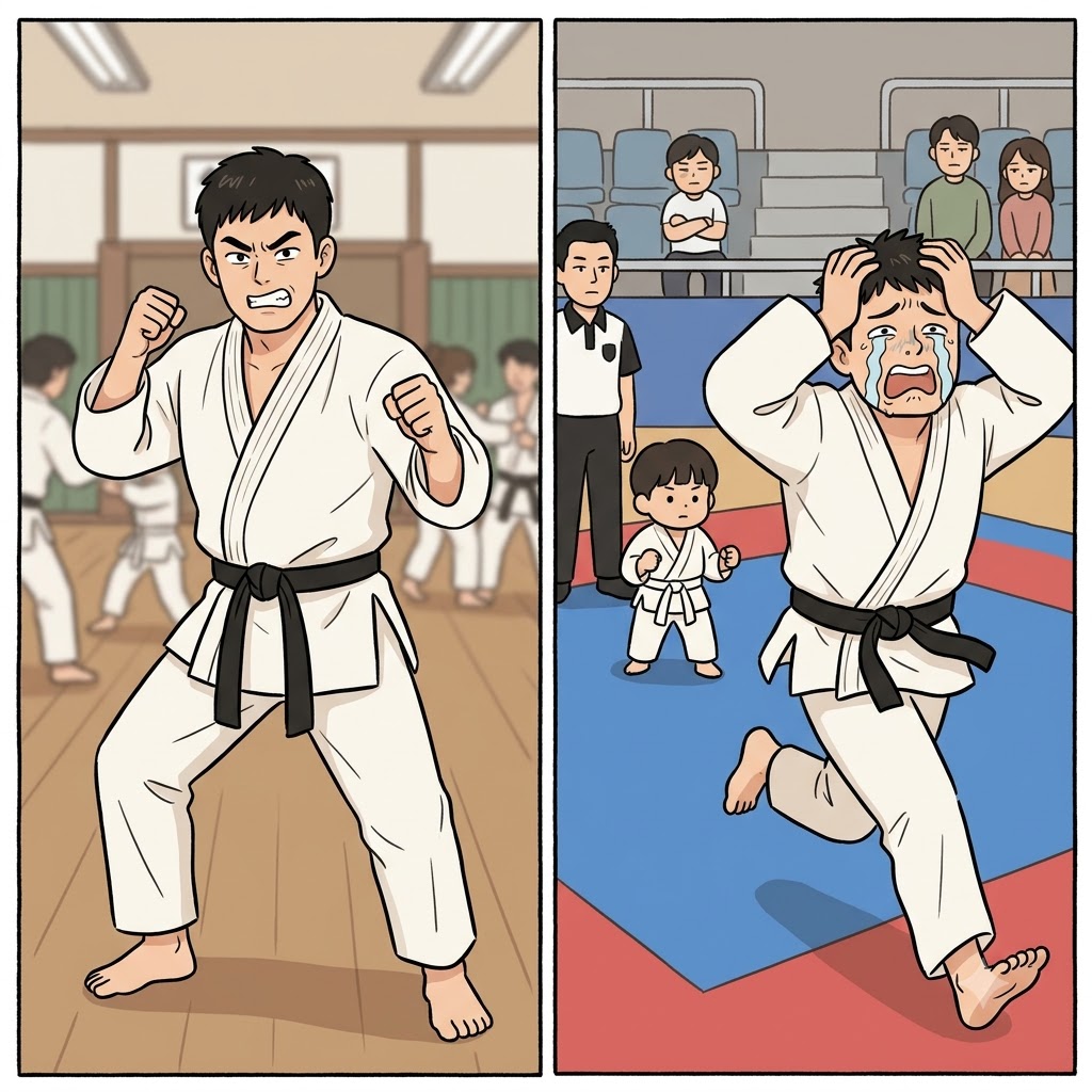 Despite wearing a black belt in judo, his cowardly crying and running away proved he was a completely pseudo fighter.