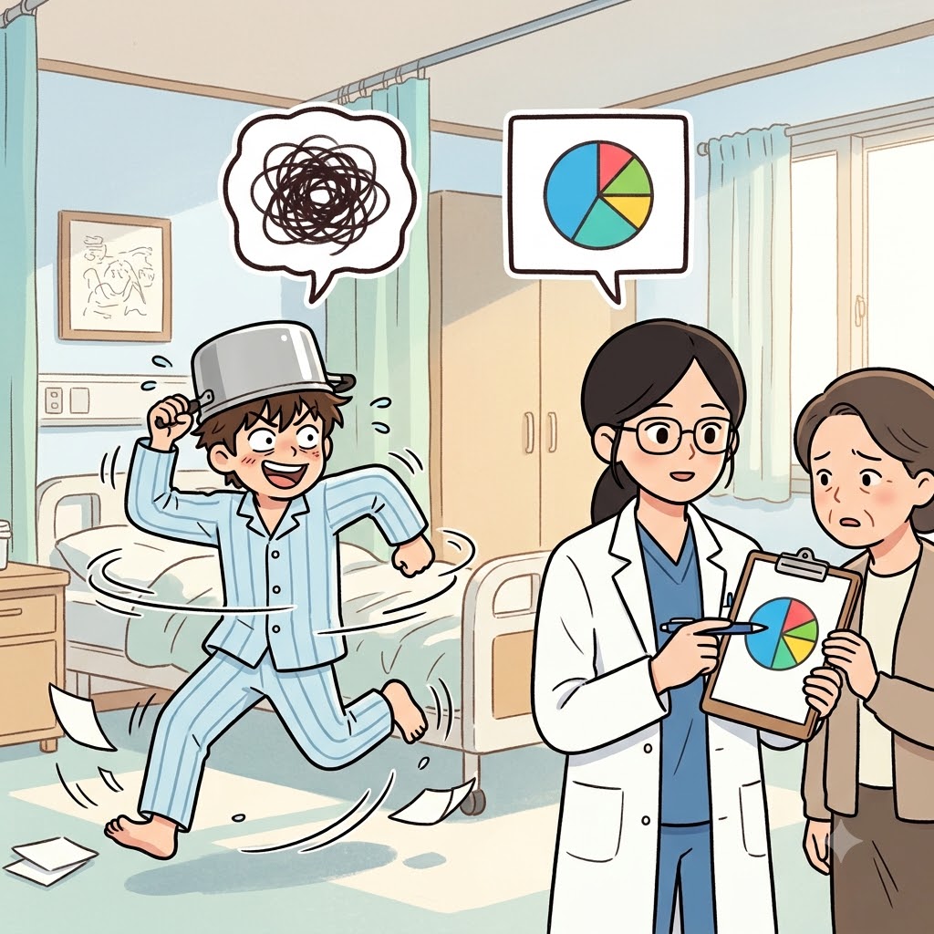 PSYCHO(crazy) + LOGICAL(reasonable) — the calm doctor used a neat, LOGICAL chart to explain the patient's wild, PSYCHO behavior, revealing the true psychological cause.