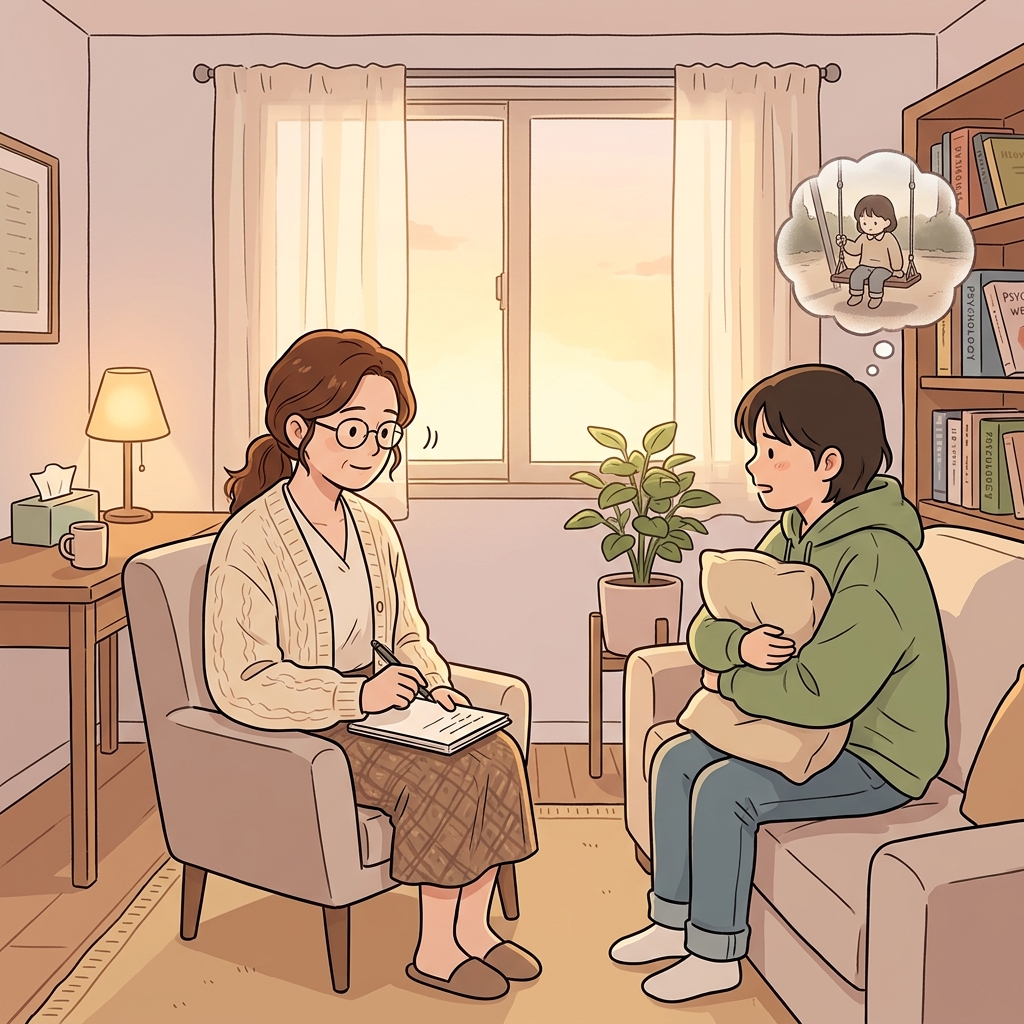 심리학자가 내담자의 어린 시절 이야기를 조용히 들어준다.
