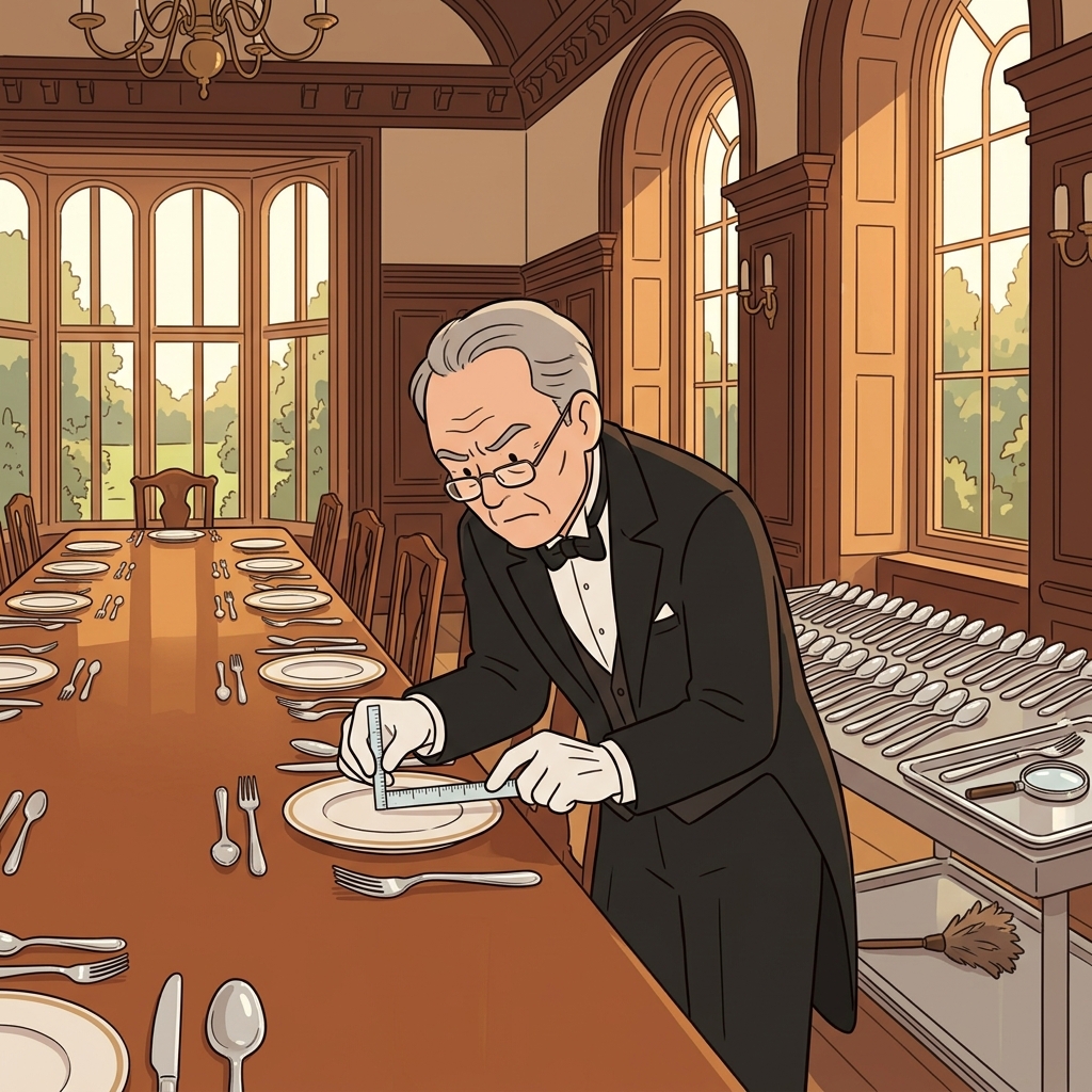 The punctilious butler polishes every silver spoon to perfect alignment.